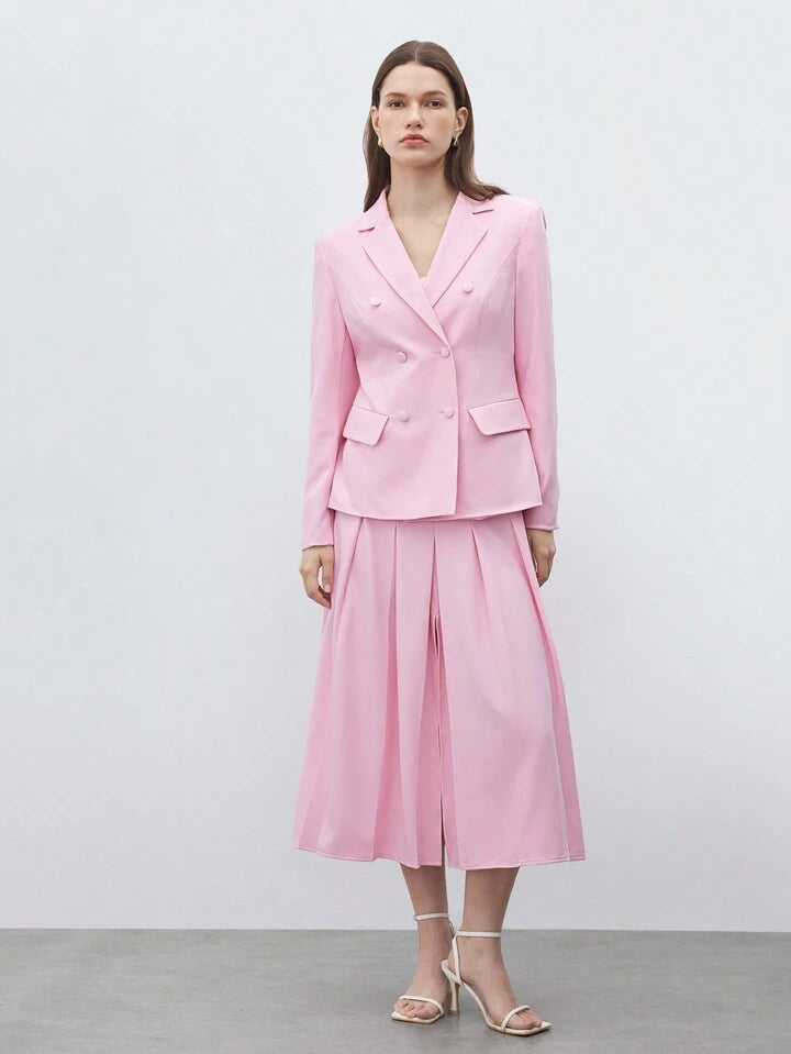 CM-SS175609 Women Elegant Seoul Style Patch Pocket Long Sleeve Blazer With Pleated Midi Skirt - Set