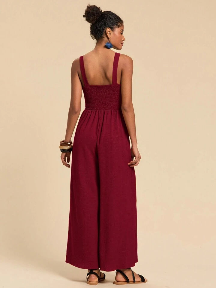 CM-JS725575 Women Trendy Bohemian Style Twist Front Cutout Cami Jumpsuit - Burgundy