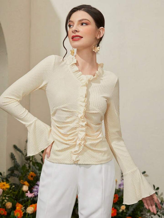 CM-TS614161 Women Casual Seoul Style V-Neck Long Sleeve Ruffle Trim Shirt - Apricot