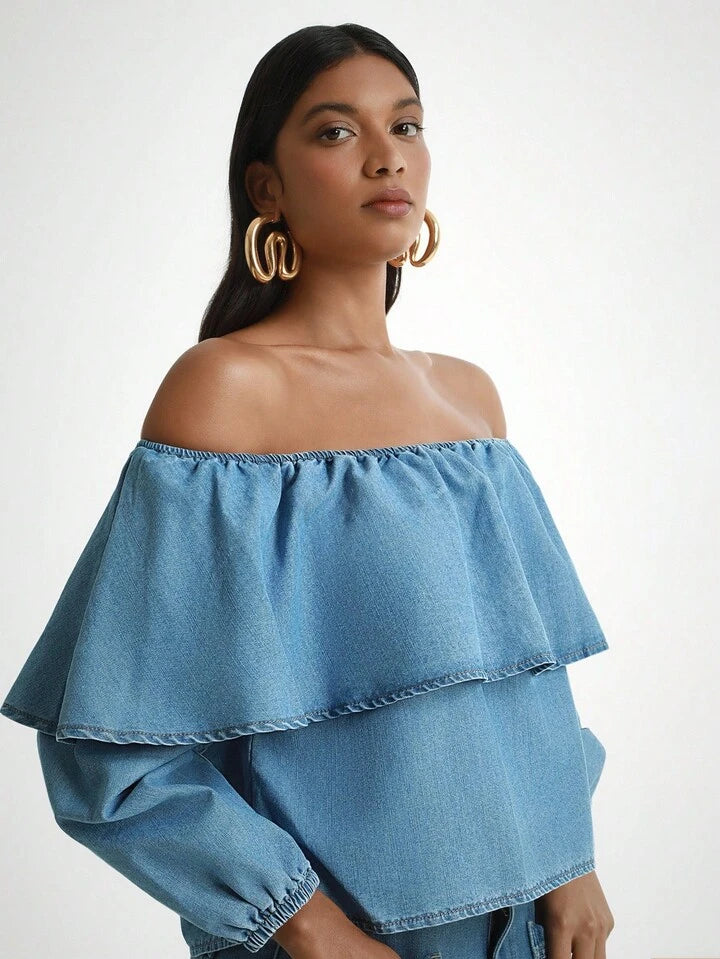 CM-TS834727 Women Trendy Bohemian Style Medium Wash Off Shoulder Lantern Sleeve Denim Blouse
