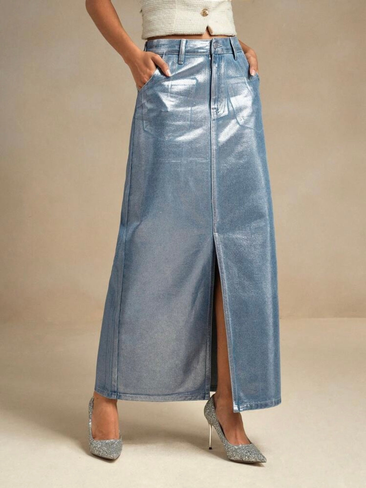 CM-BS400193 Women Casual Seoul Style Solid Color Pocketed Versatile Denim Maxi Skirt - Blue