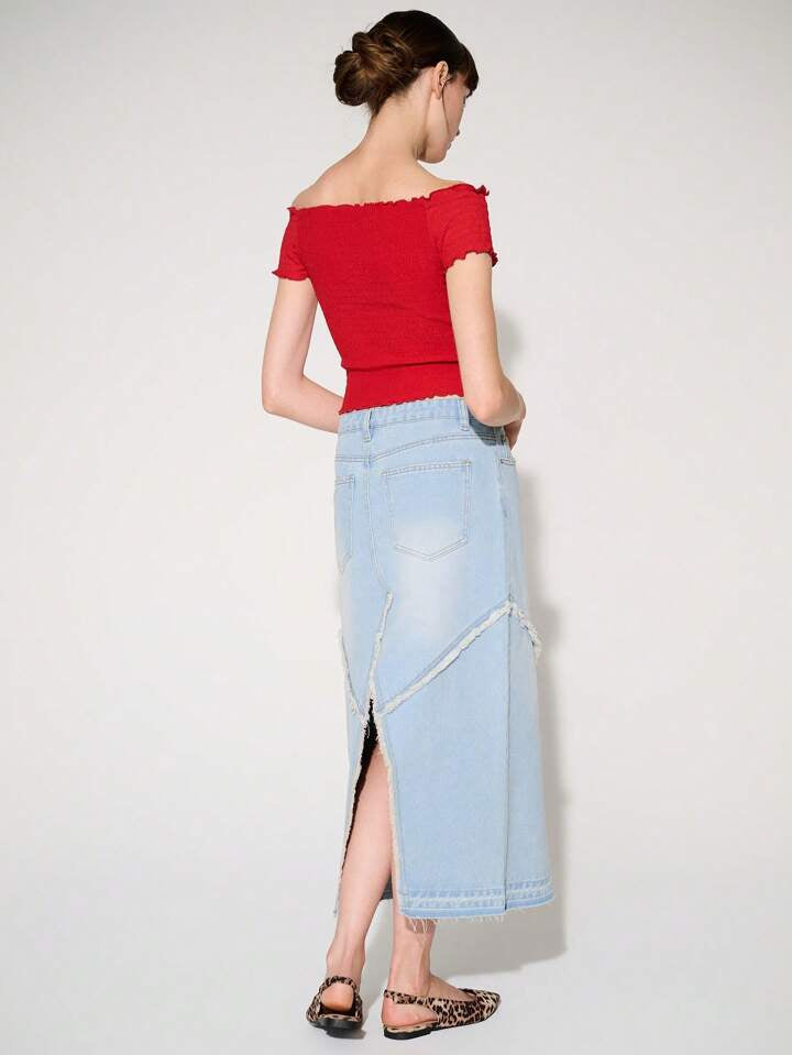 CM-BS781136 Women Casual Seoul Style Fray Seam Non-Stretch Summer Denim Midi Skirt - Blue