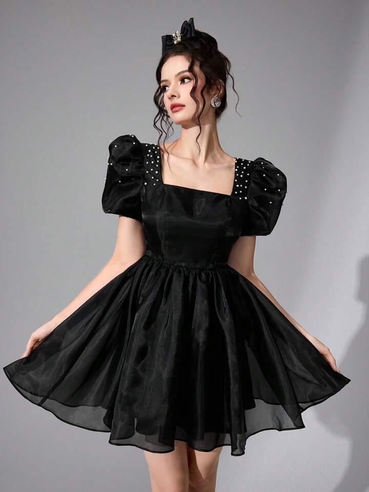 CM-DS577797 Women Elegant Seoul Style Square Neck Puff Sleeve High Waist Short Dress - Black