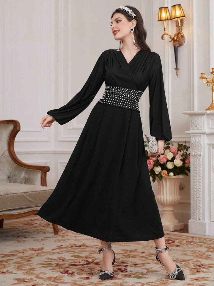 CM-DS472488 Women Elegant Seoul Style Rhinestone Decorated Lantern Sleeve Dress - Black