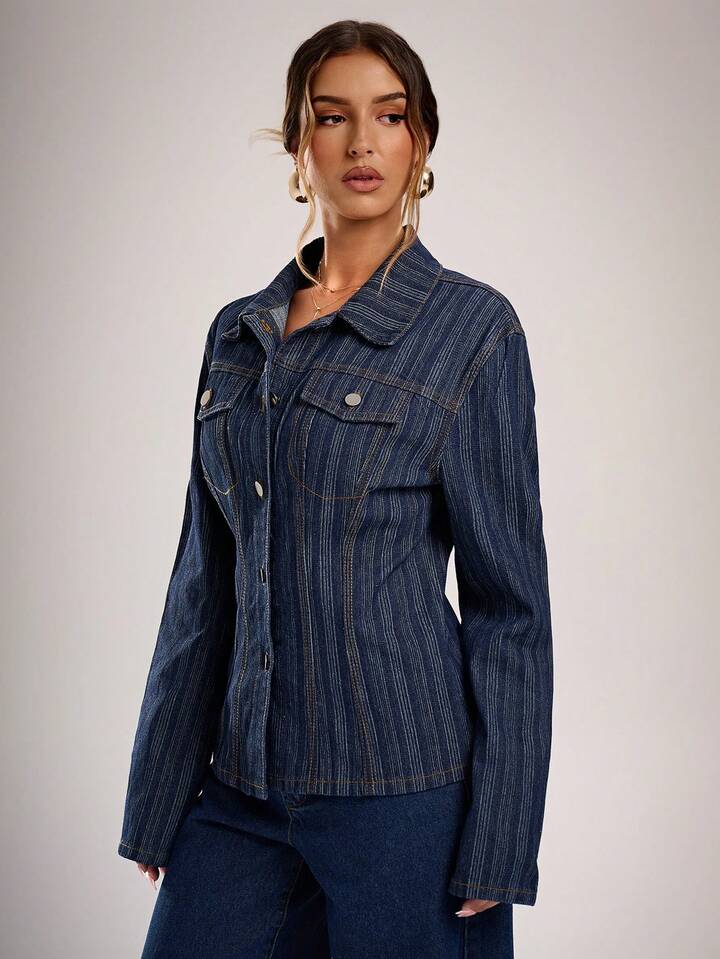 CM-CS338152 Women Casual Seoul Style Dark Wash Striped Collar Neckline Long Sleeve Denim Jacket