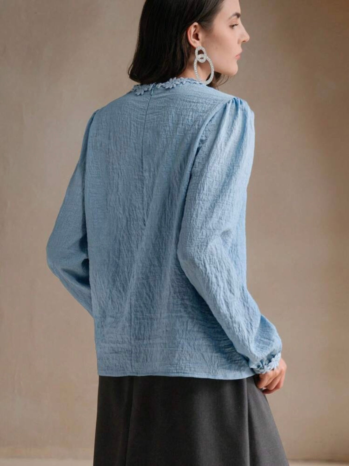CM-TS969793 Women Elegant Seoul Style Embellished Textural Floral Lantern Sleeve Blouse - Blue