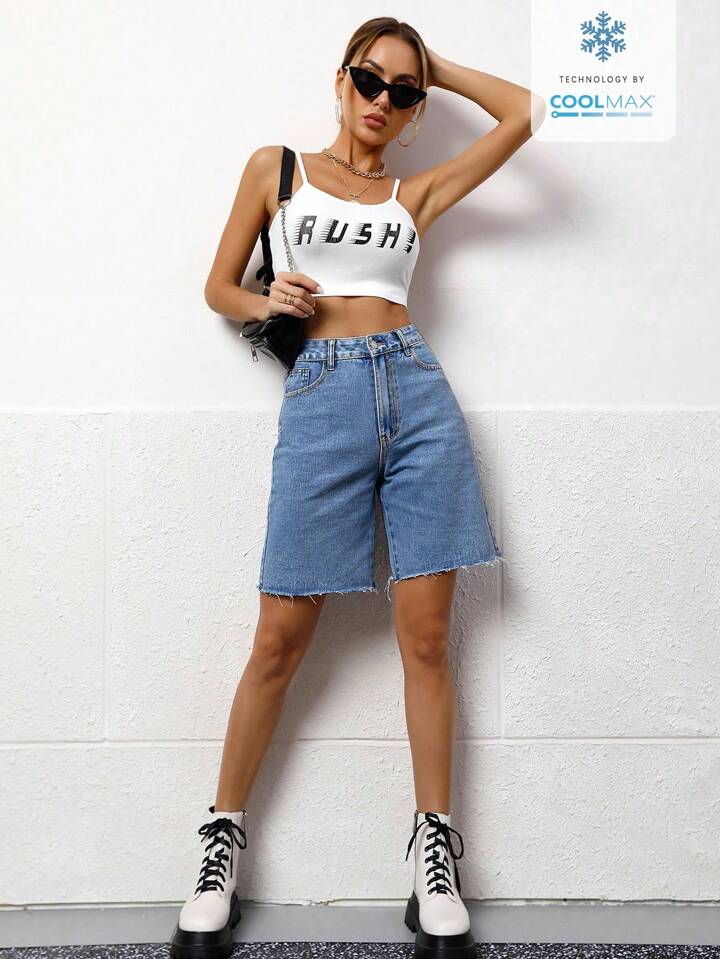CM-BS619818 Women Casual Seoul Style Medium Wash Solid Color Pocket Frayed Hem Bermuda Denim Shorts
