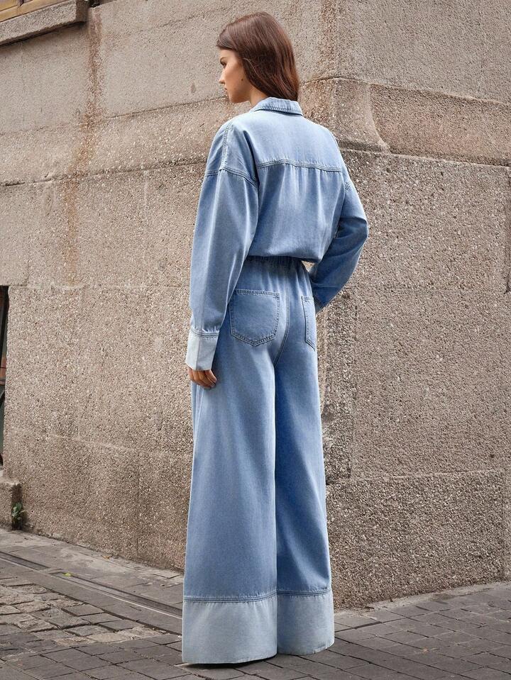 CM-JS119936 Women Elegant Seoul Style Faux Pearl Decor Drop Shoulder Long Sleeve Pocket Design Wide Leg Denim Jumpsuit