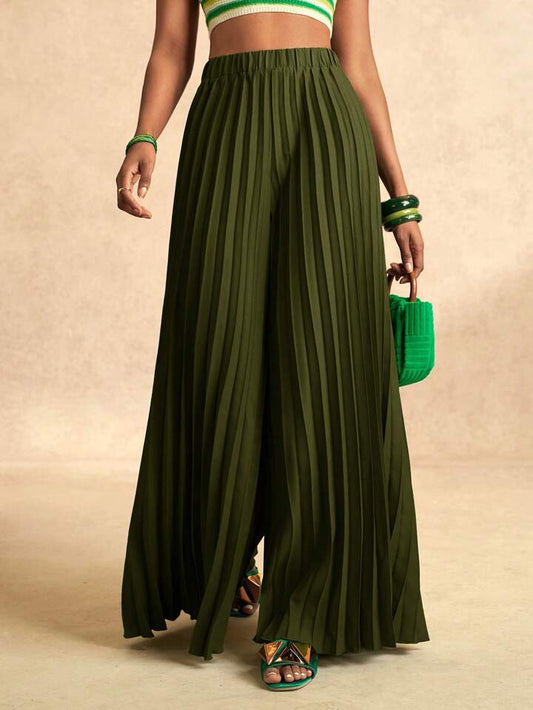 CM-BS898629 Women Elegant Seoul Style Elastic Waist Pleated Extra-Long Wide-Leg Pants - Army Green