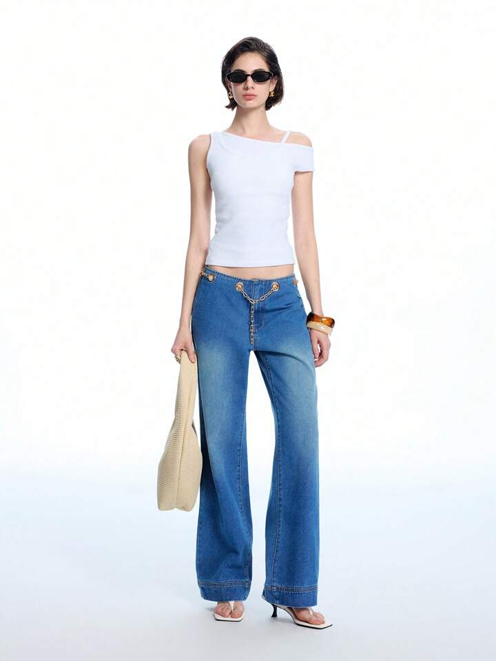CM-BS250871 Women Casual Seoul Style Low Waist Metal Chain Decor Straight Leg Loose Jeans - Blue