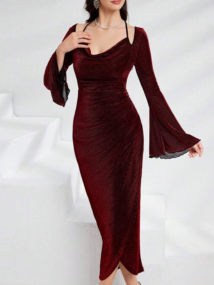 CM-DS336941 Women Elegant Seoul Style Wrap Draped Square Neck Bell Sleeve Dress - Burgundy