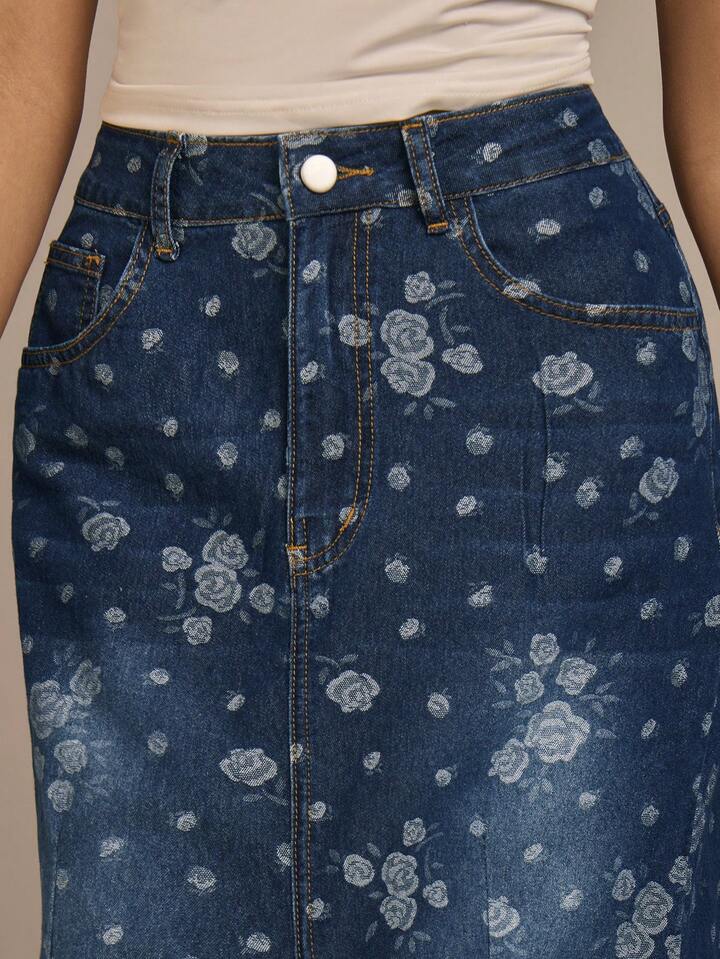 CM-BS732323 Women Casual Seoul Style Dark Wash High Waist Rose Jacquard Mermaid Maxi Denim Skirt