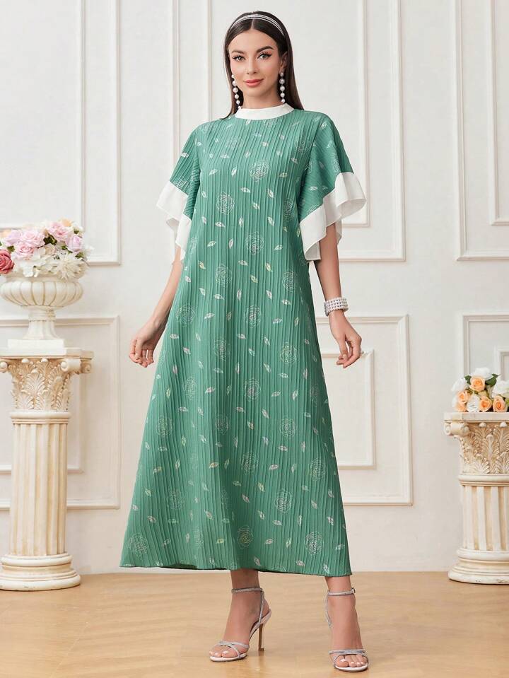 CM-DS800078 Women Casual Seoul Style Floral Leaf Print Patchwork Ruffle Hem Dress - Green