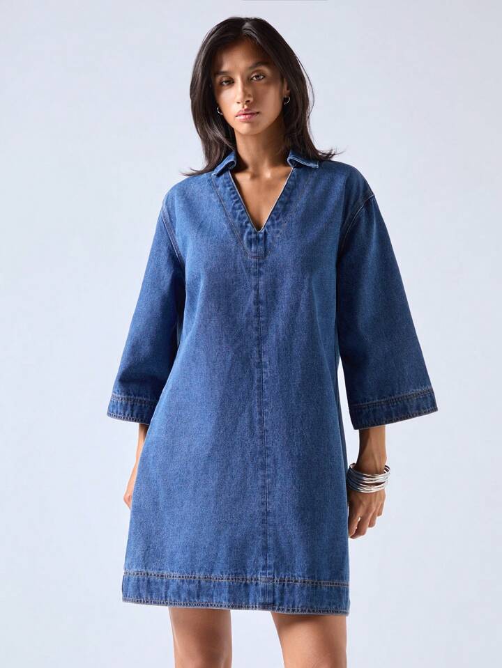CM-DS233229 Women Casual Seoul Style V-Neck Half Sleeve Mid Waist Loose Mini Denim Dress - Blue