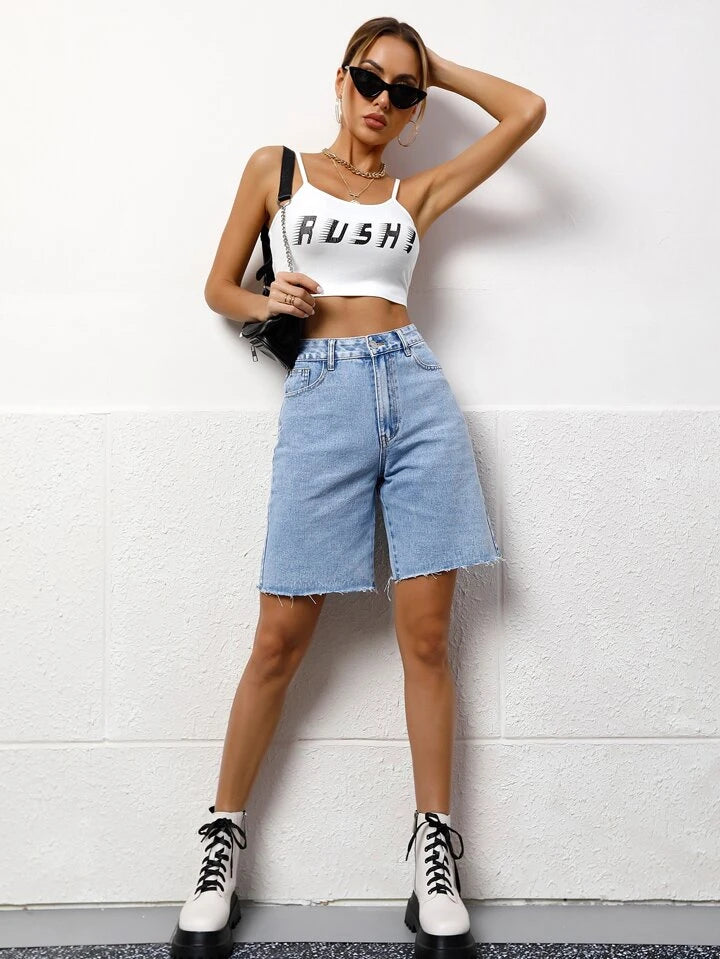 CM-BS499196 Women Casual Seoul Style Light Wash Solid Color Pocket Frayed Hem Bermuda Denim Shorts