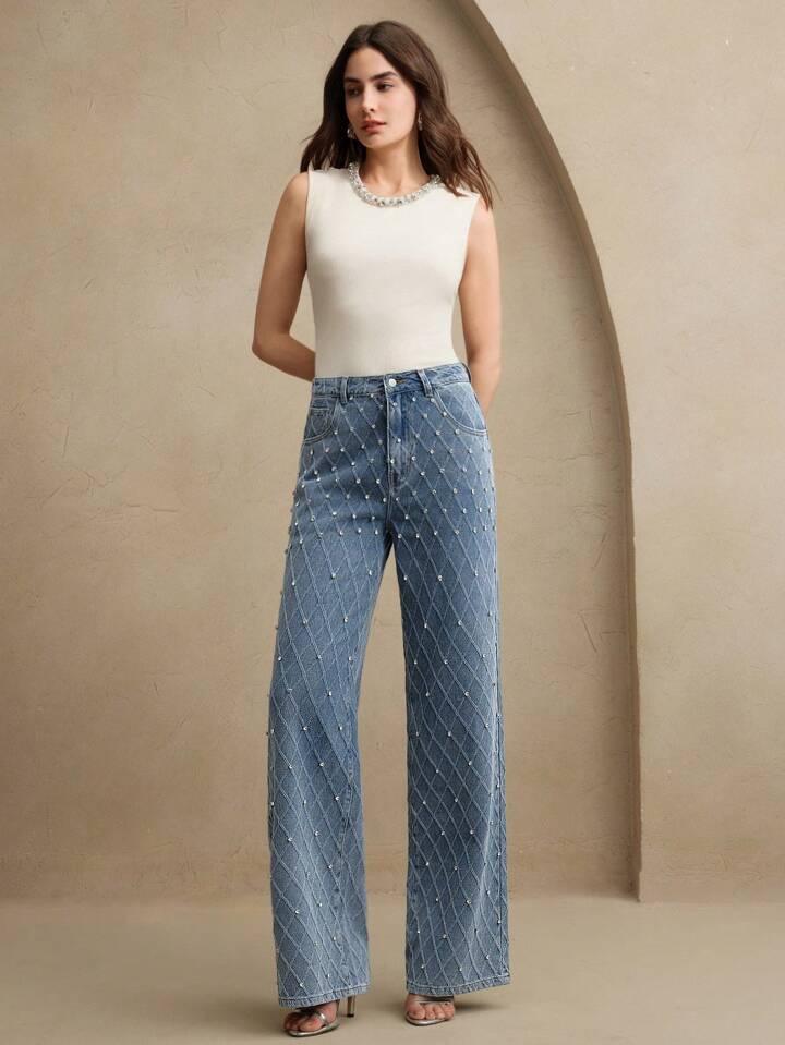 CM-BS388817 Women Elegant Seoul Style Mid Waist Beaded Embellished Straight Leg Jeans - Blue