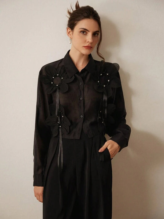 CM-TS577439 Women Elegant Seoul Style Floral Embroidery Sequins Splice Sheer Long Sleeve Blouse - Black