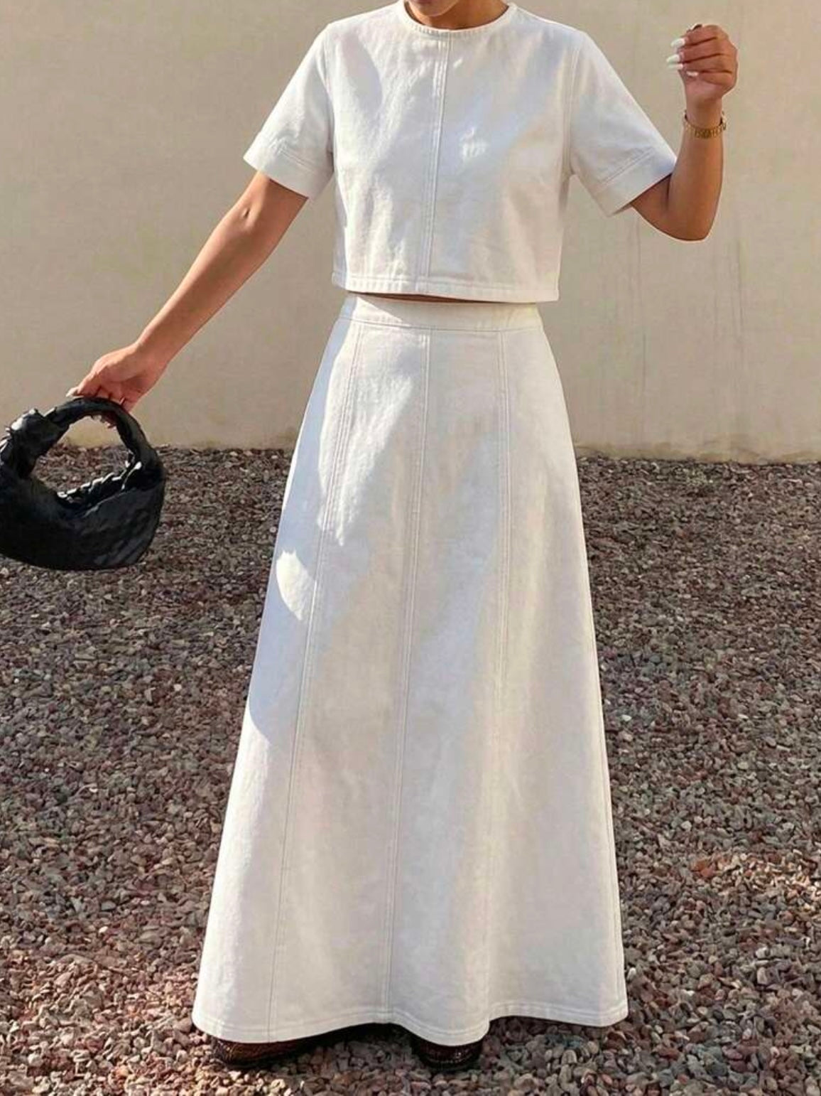 CM-SS600501 Women Casual Seoul Style Round Neck Short Sleeve Cropped Top With High Waist A-Line Long Denim Skirt - Set