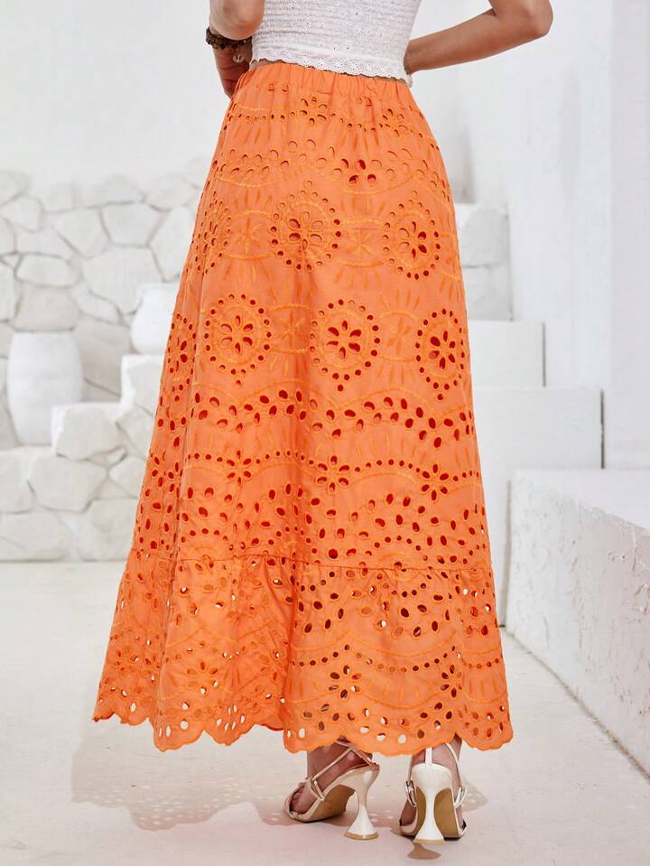 CM-BS622922 Women Trendy Bohemia Style Cut-Out Embroidered Long Skirt - Orange