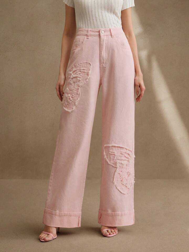 CM-BS264669 Women Casual Seoul Style Mid Waist Embroidered Straight Leg Jeans - Pink