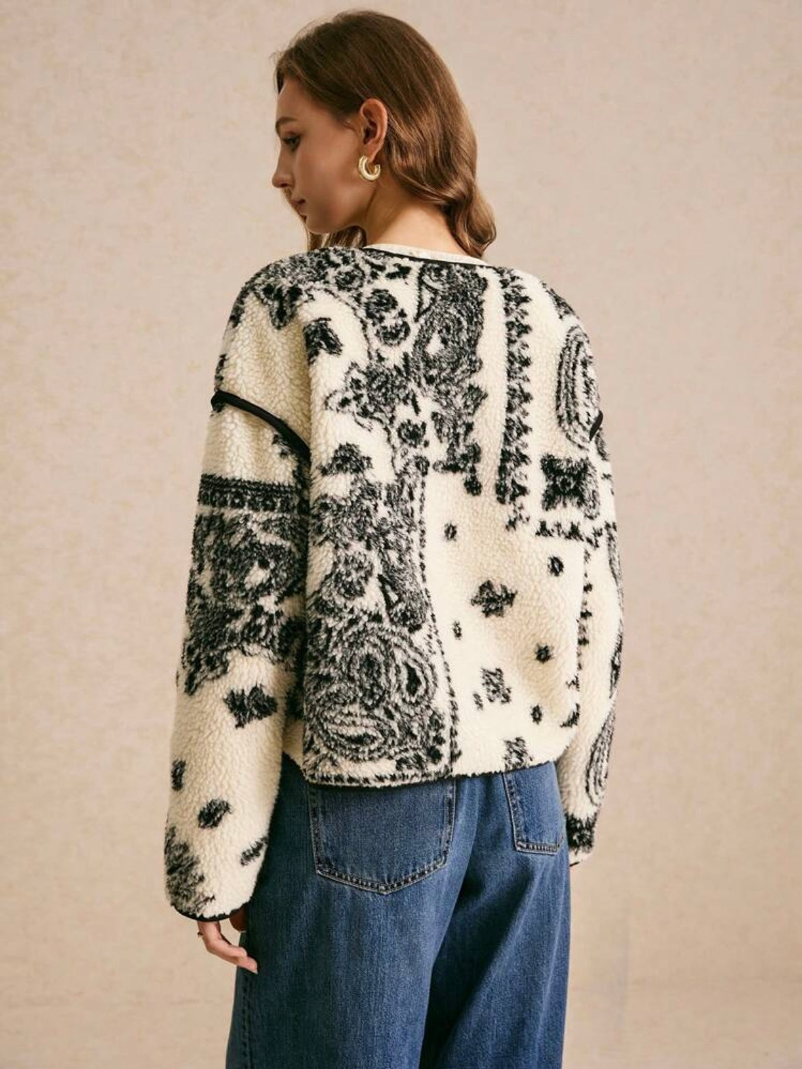 CM-CS143588 Women Casual Seoul Style Contrast Lace-Up Long Sleeve Printed Jacket