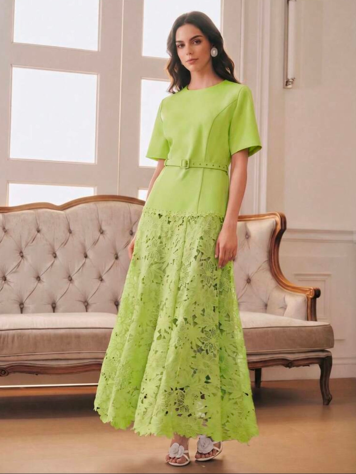 CM-DS406854 Women Elegant Seoul Style Round Neck Short Sleeve Water-Soluble Lace Patchwork A-Line Dress - Green