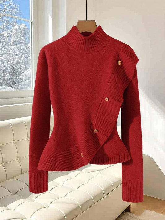 CM-CS950272 Women Elegant Seoul Style Solid Color Stand Collar Long Sleeve Ruffle Hem Sweater - Red