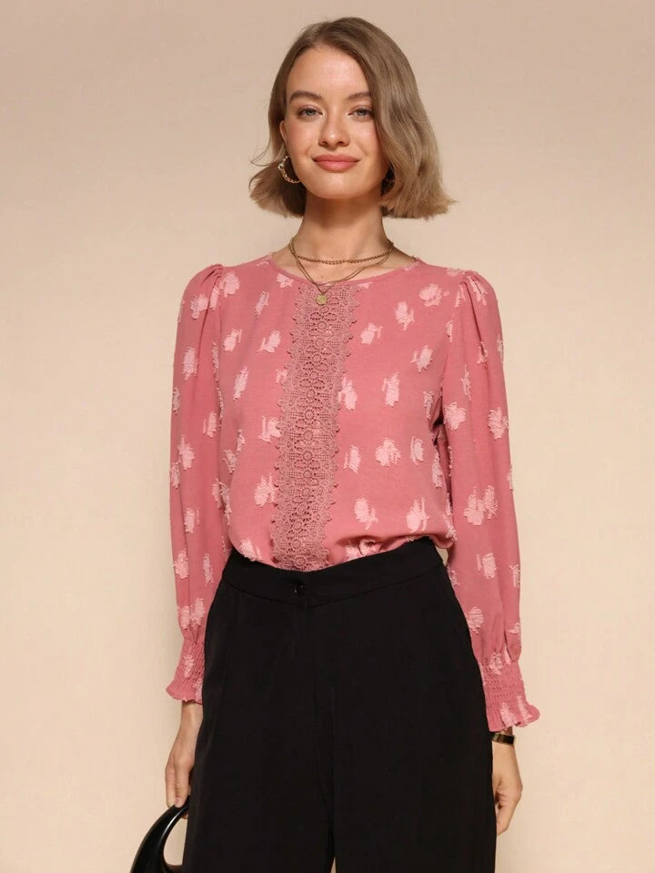 CM-TS656545 Women Casual Seoul Style Lace Patchwork Round Neck Long Sleeve Blouse - Pink