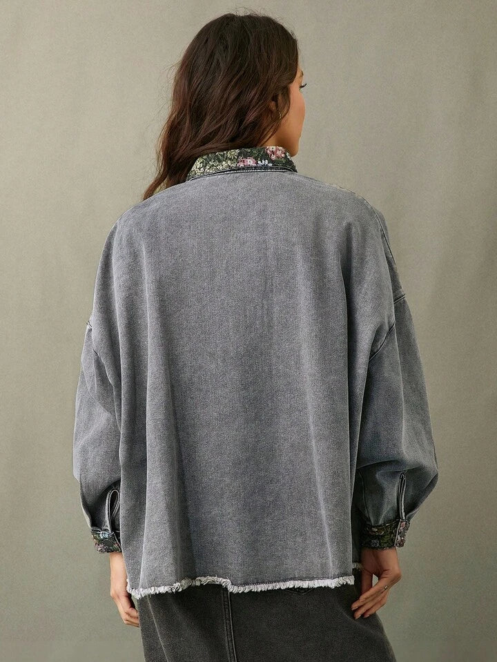 CM-CS041445 Women Casual Seoul Style 3/4 Sleeve Contrast Vintage Floral Tapestry Denim Jacket - Dark Gray