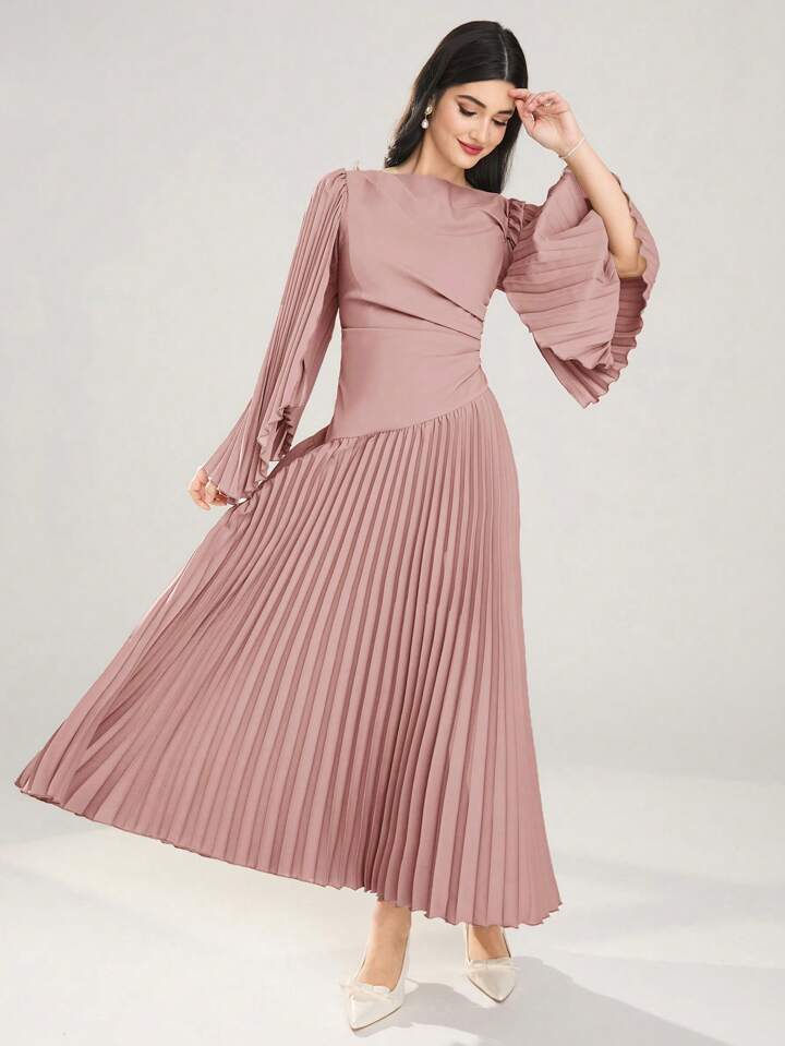 CM-DS914659 Women Elegant Seoul Style Round Neck Long Sleeve Asymmetrical Pleated Dress - Pink