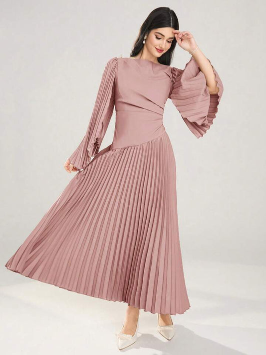 CM-DS914659 Women Elegant Seoul Style Round Neck Long Sleeve Asymmetrical Pleated Dress - Pink