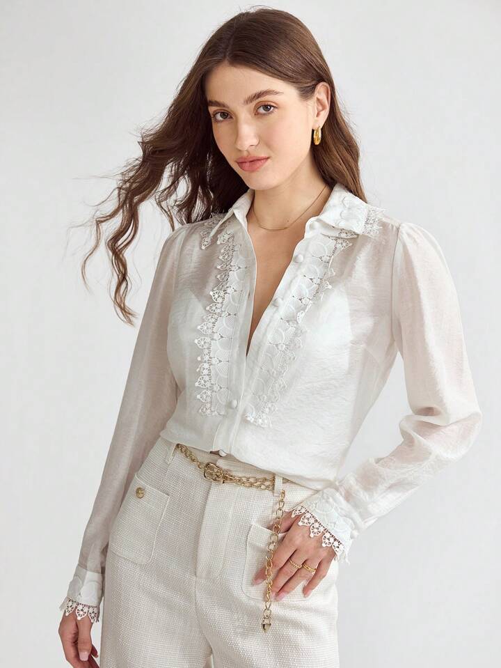 CM-TS697741 Women Elegant Seoul Style Collar Neckline Guipure Lace Trim Button Front Shirt - White