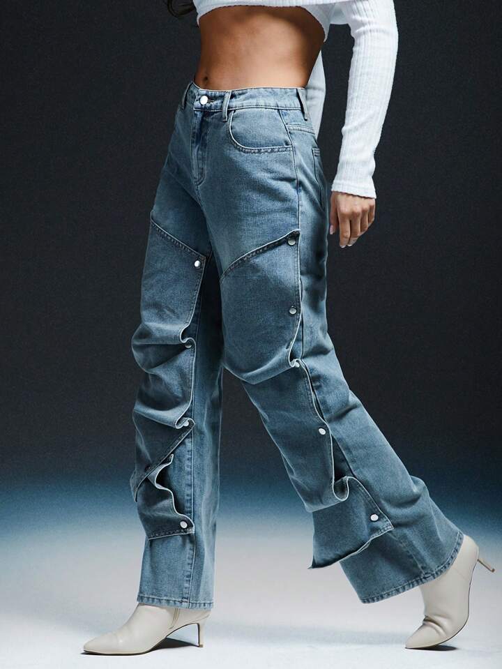 CM-BS474323 Women Casual Seoul Style Adjustable Snap Button Extra Long Baggy Jeans - Blue