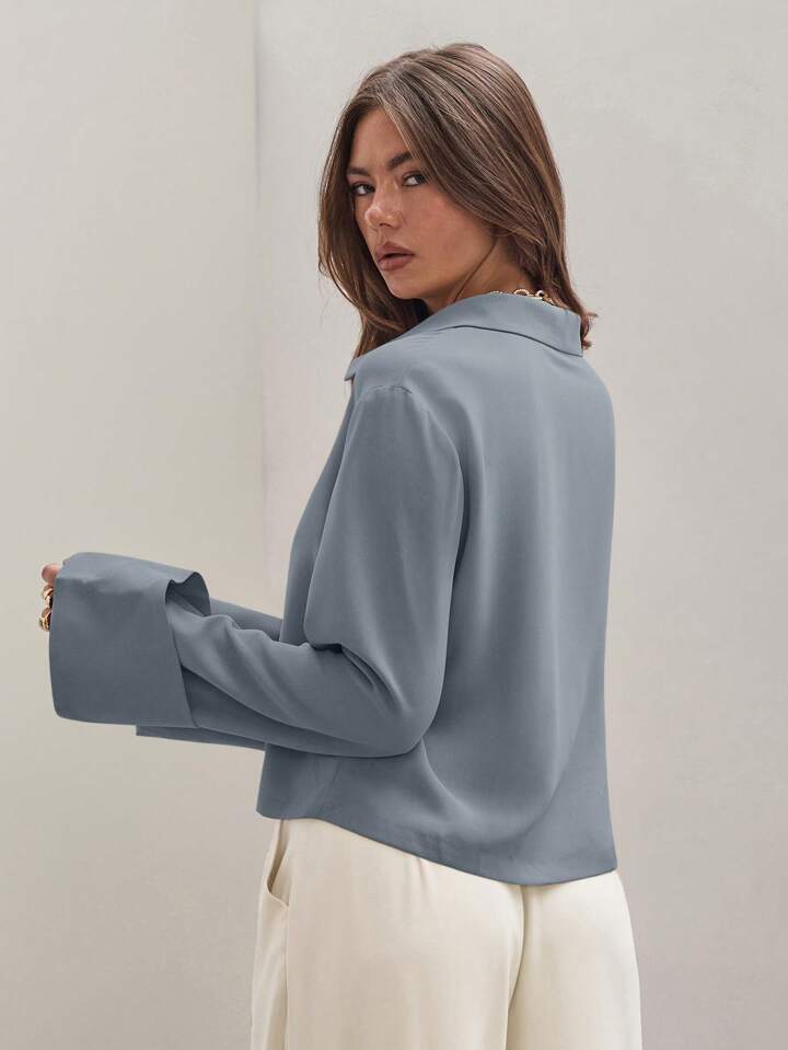 CM-TS815344 Women Trendy Bohemian Style Shirt Collar Front Tie Long Sleeve Shirt - Baby Blue