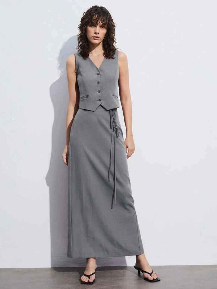 CM-SS116177 Women Elegant Seoul Style V-Neck Single-Breasted Suit Vest With Skirt Suit - Light Gray