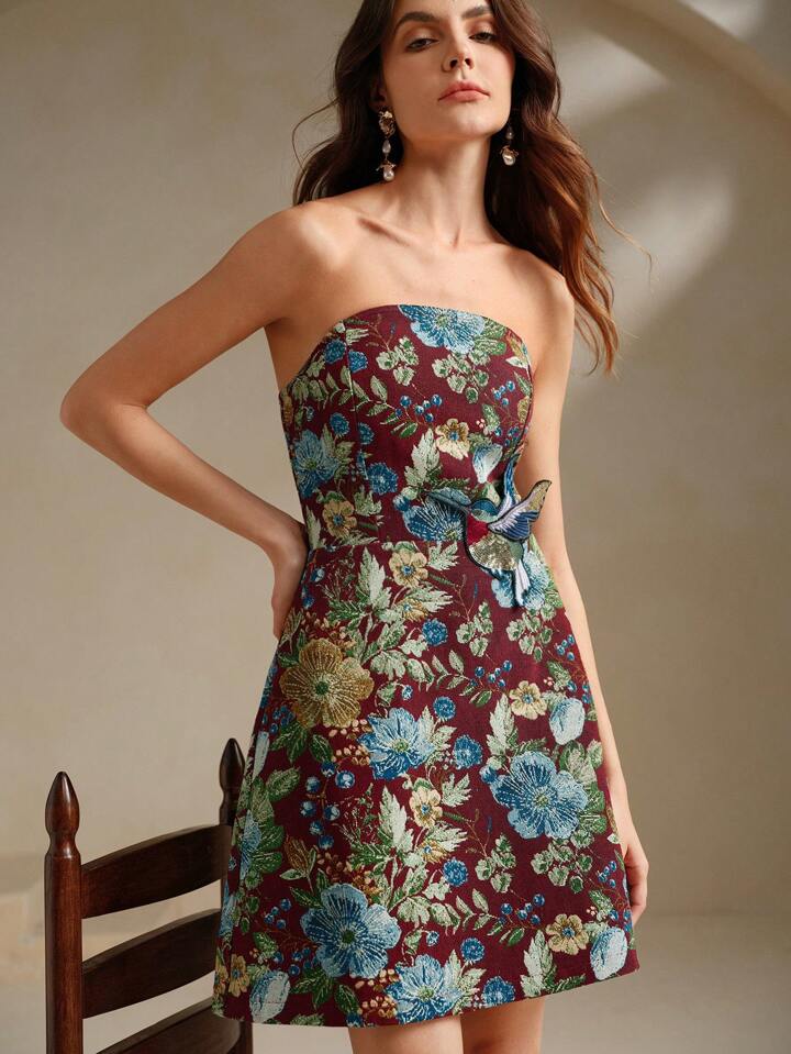 CM-DS655101 Women Trendy Bohemian Style Strapless Jacquard Embroidered Floral Mid-Length Dress
