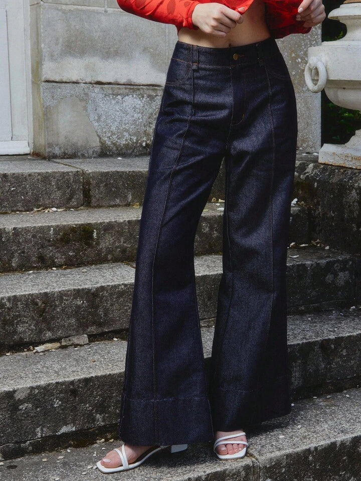CM-BS339601 Women Casual Seoul Style Dark Wash Seam Front Detail High Waist Flare Denim Jeans