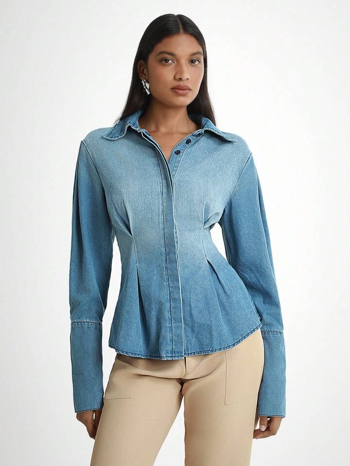 CM-TS723297 Women Elegant Seoul Style Medium Wash Collar Neckline Waist Cinched Long Sleeve Pleated Denim Shirt