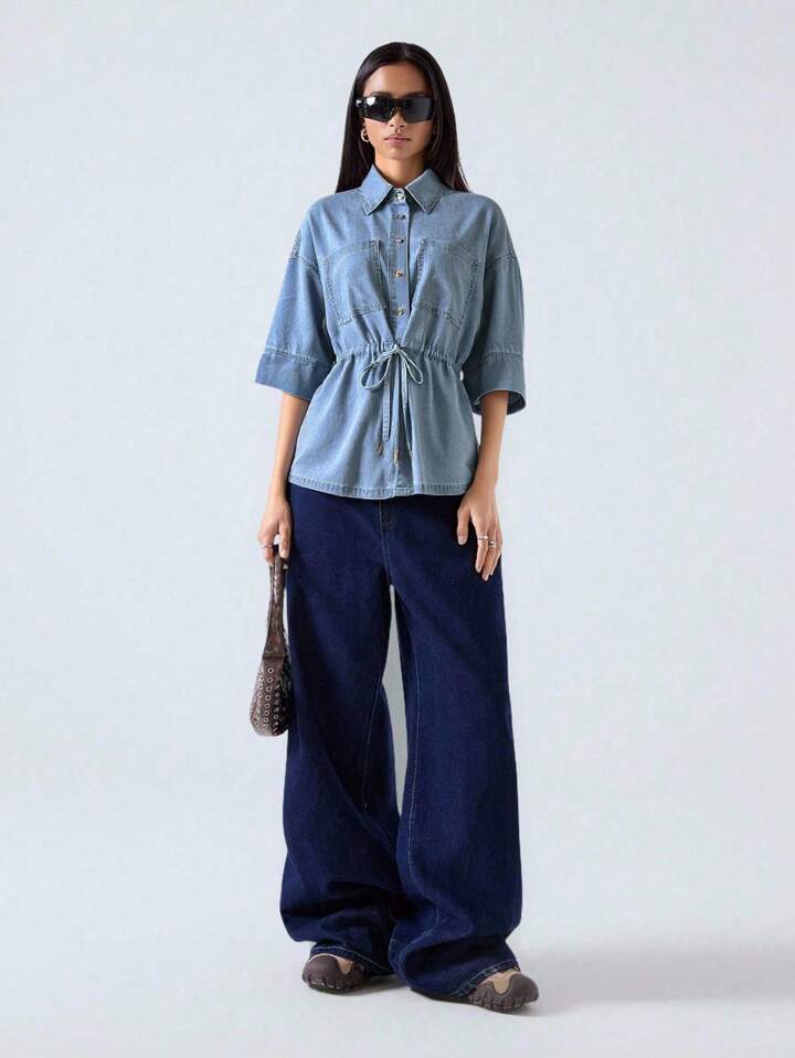 CM-TS222835 Women Casual Seoul Style Shirt Collar Short Sleeve Loose Button Pocket Drawstring Waist Denim Top