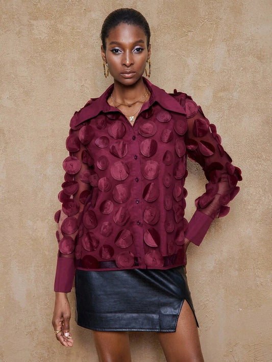 CM-TS787980 Women Elegant Seoul Style Mesh Hollow Floral Petal Collar Button Down Long Sleeve Blouse - Burgundy