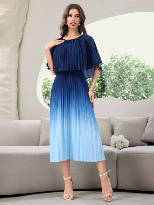 CM-DS550959 Women Elegant Seoul Style Gradient Color Pleated Round Neck Long Dress - Blue