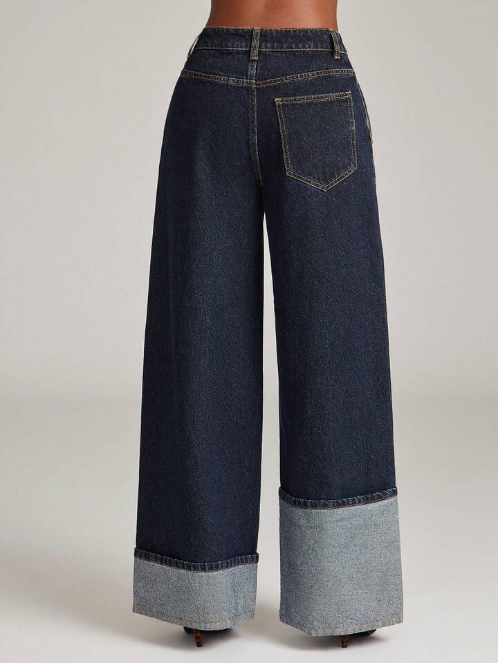 CM-BS844341 Women Casual Seoul Style Mid Rise Dark Wash High Low Asymmetric Cuffed Wide Leg Jeans