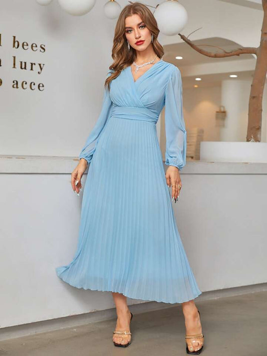 CM-DS934654 Women Elegant Seoul Style Surplice V-Neck High Waist Pleated Hem A-Line Dress - Baby Blue