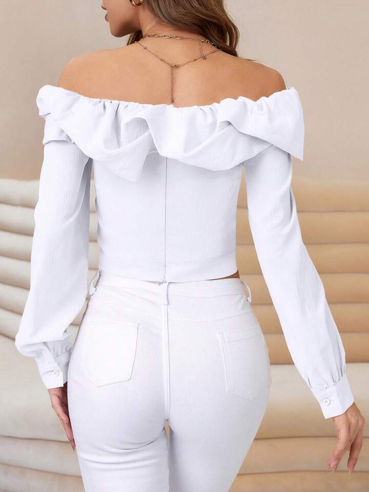 CM-TS011797 Women Elegant Seoul Style Off the Shoulder Long-Sleeved Shirt - White