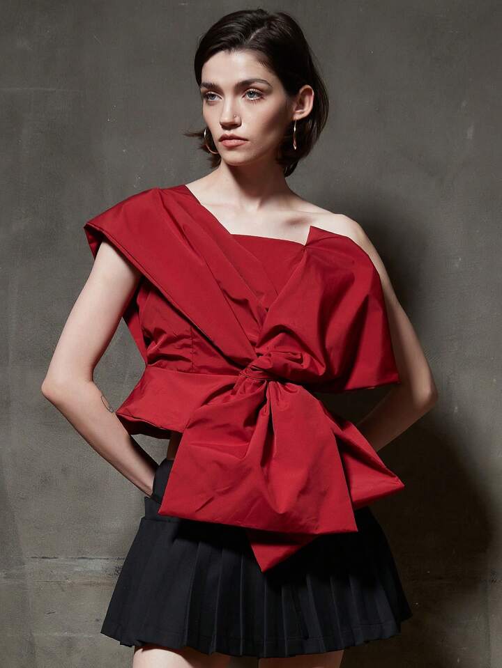 CM-TS757520 Women Casual Seoul Style Front Bow Asymmetrical Collar Blouse - Red
