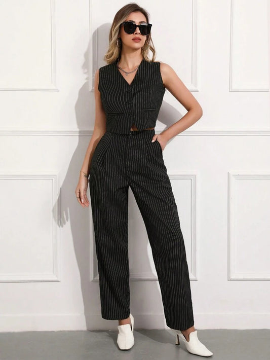 CM-SS615126 Women Elegant Seoul Style Striped Sleeveless Crop Waistcoat With Pants Suit - Black