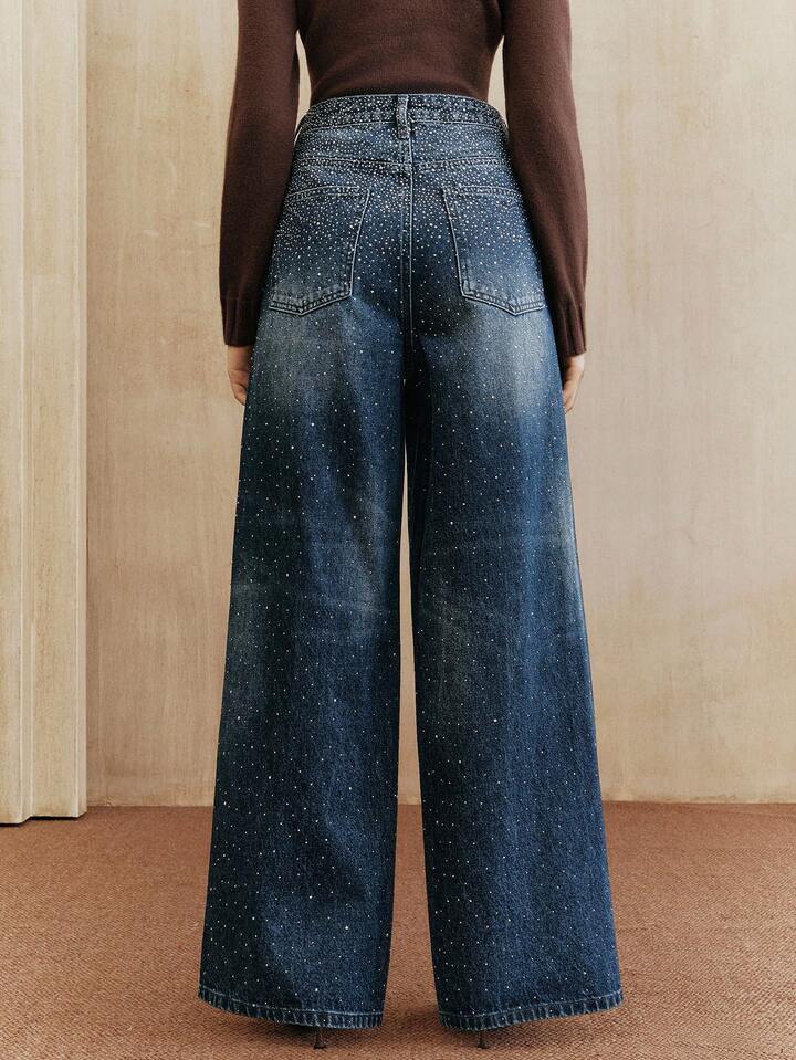 CM-BS052931 Women Elegant Seoul Style Dark Wash Mid Waist Baggy Flared Leg Pants