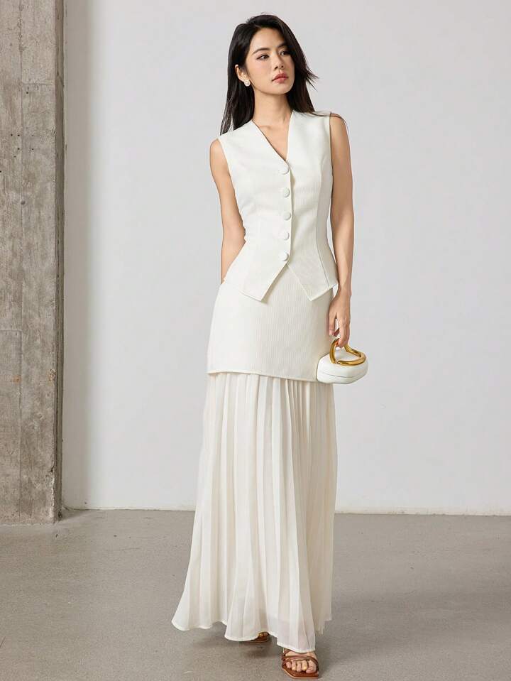 CM-SS751230 Women Elegant Seoul Style V-Neck Sleeveless Button Front Suit Vest With Pleated Long Skirt - Set