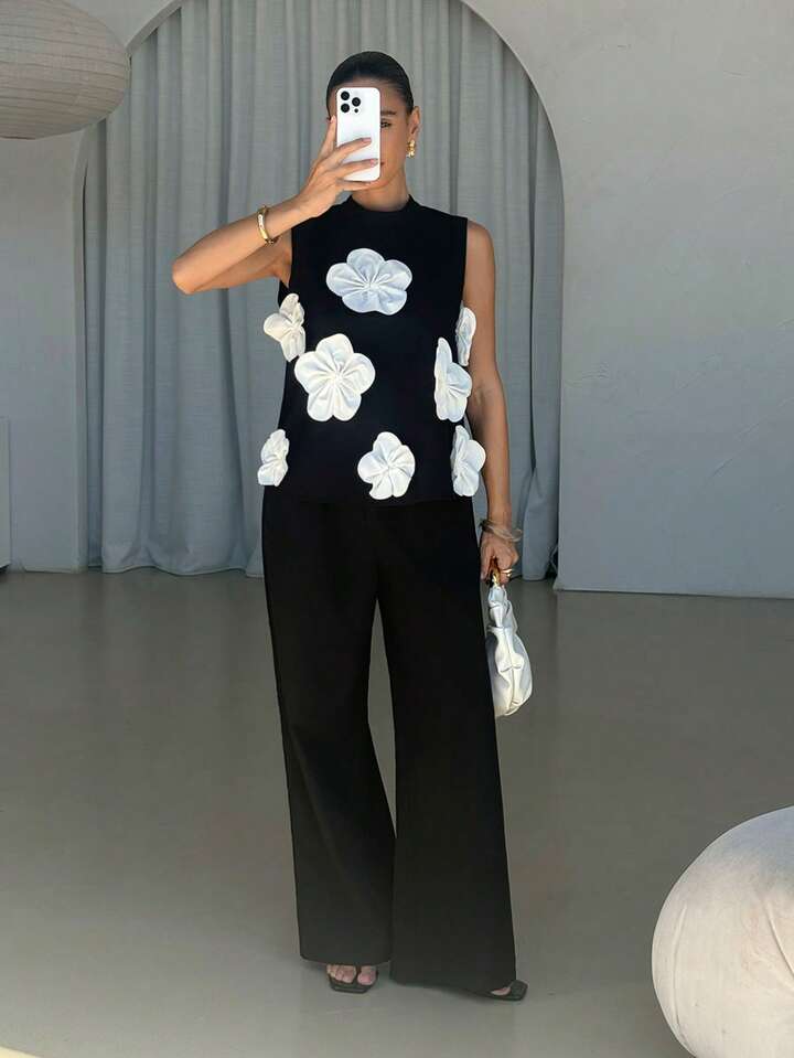 CM-SS712454 Women Elegant Seoul Style Contrast 3D Flora Round Neck Sleeveless Camisole l Top With Pants - Set