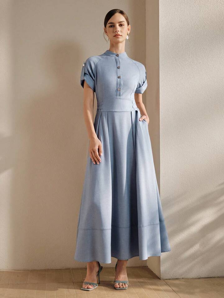 CM-DS020205 Women Elegant Seoul Style Collar Raglan Short Sleeve Waist Gathered Flared Denim Effect Dress - Blue